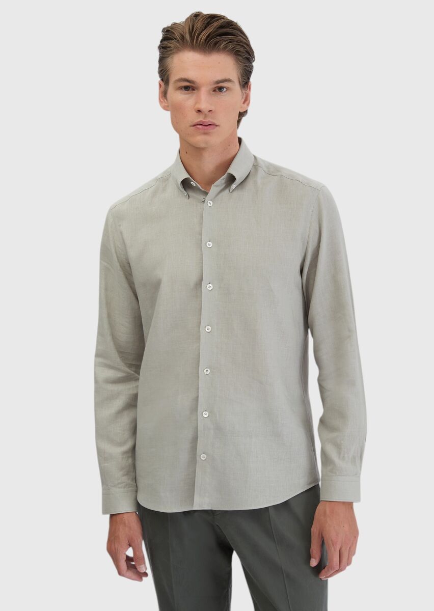 Gri Düz Casual Fit Dokuma Casual Pamuk Karışımlı Gömlek - 3