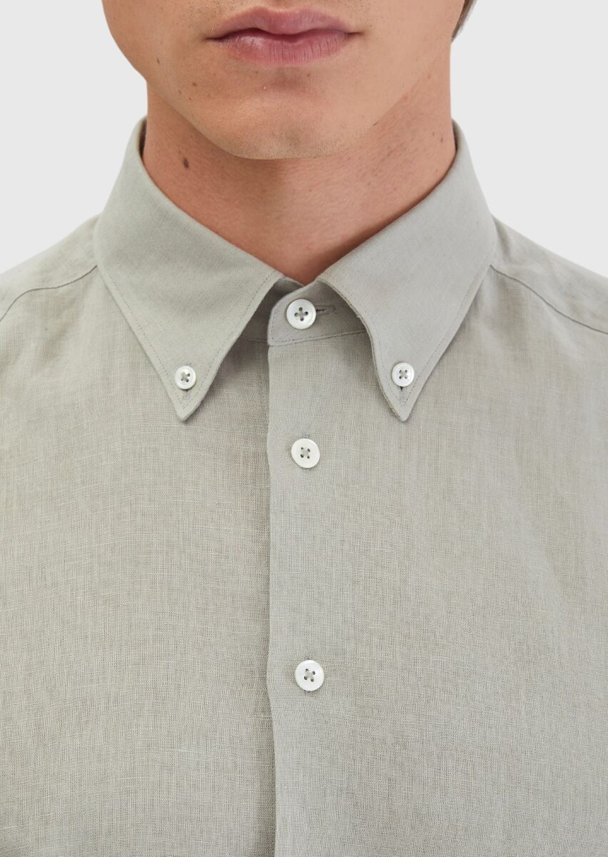 Gri Düz Casual Fit Dokuma Casual Pamuk Karışımlı Gömlek - 5