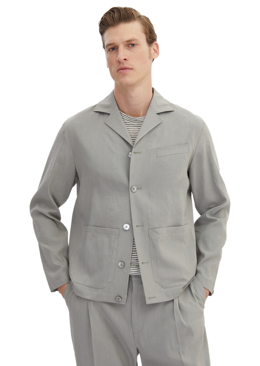Gri Düz Casual Fit Keten Karışımlı Takım Elbise - RAMSEY