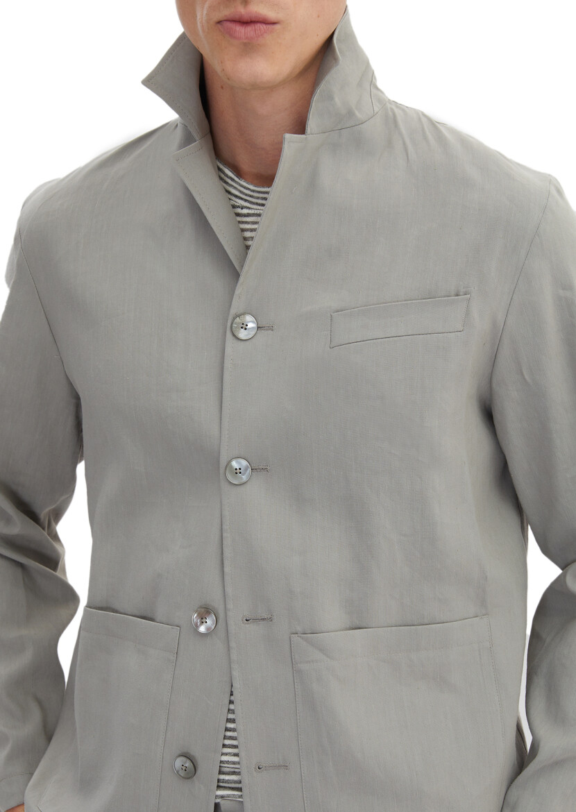 Gri Düz Casual Fit Keten Karışımlı Takım Elbise - 4