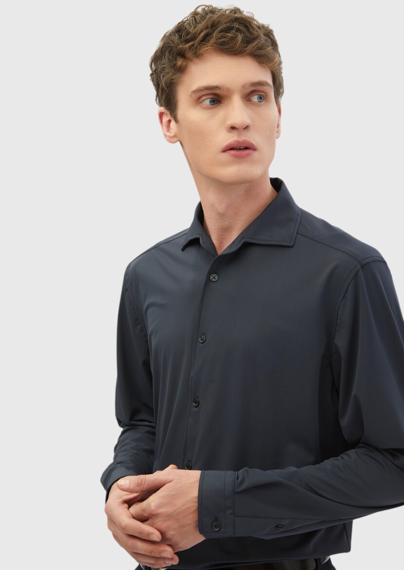 Gri Düz Casual Fit Uzun Casual Gömlek - 3