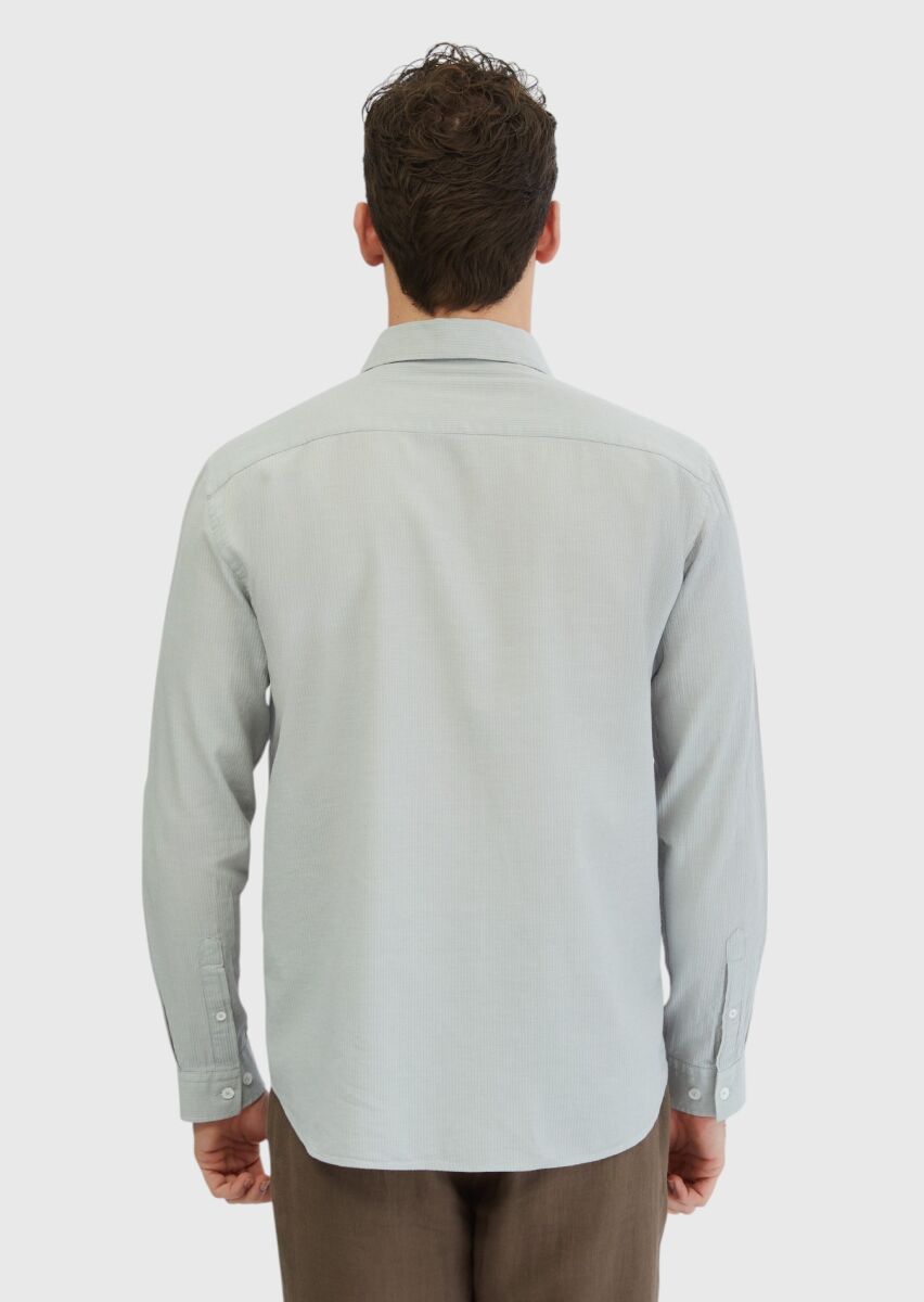 Gri Düz Casual Fit Uzun Dokuma Casual %100 Pamuk Gömlek - 2