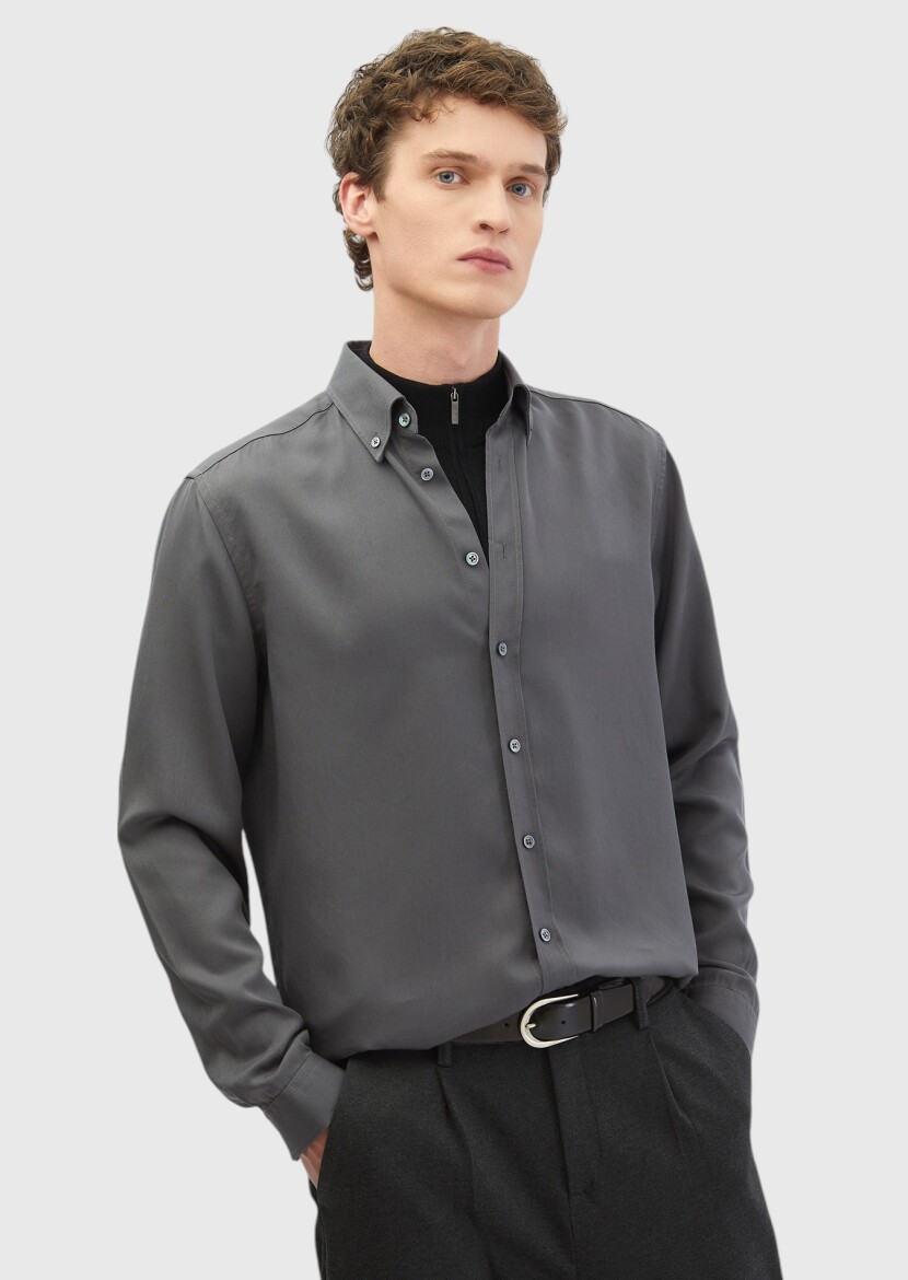 Gri Düz Casual Fit Uzun Dokuma Casual Gömlek - 1