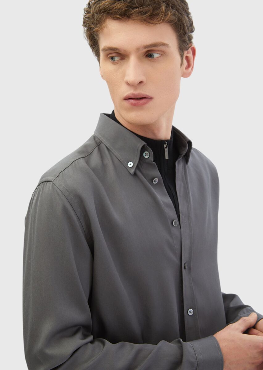 Gri Düz Casual Fit Uzun Dokuma Casual Gömlek - 5