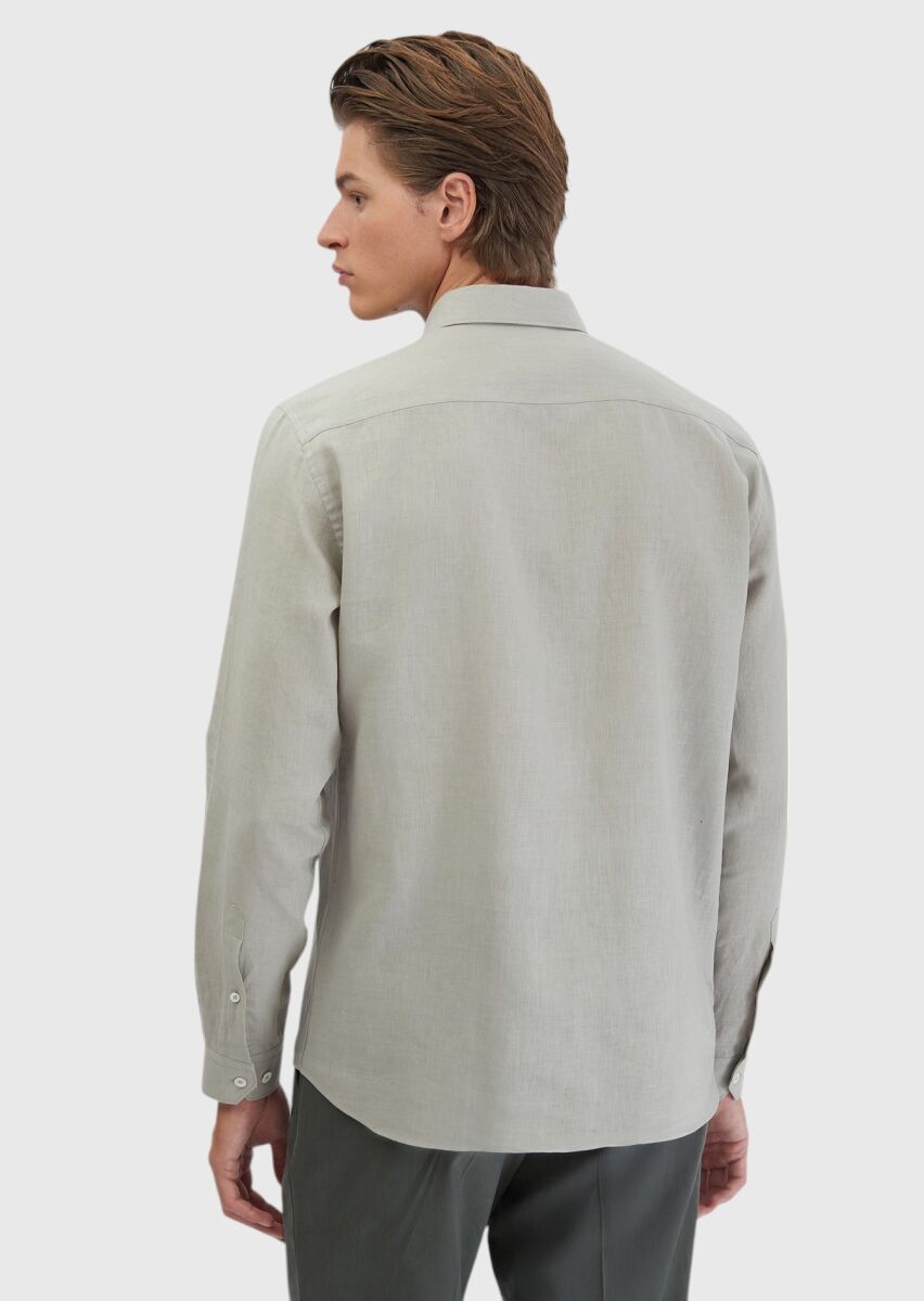 Gri Düz Casual Fit Uzun Dokuma Casual Pamuk Karışımlı Gömlek - 7