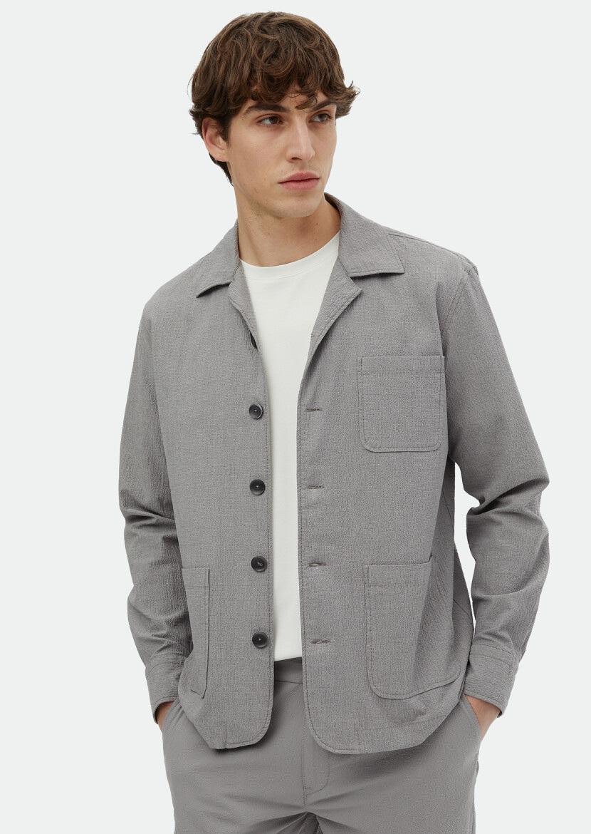 Gri Düz Casual Fit Uzun Dokuma Pamuk Karışımlı Overshırt - 1