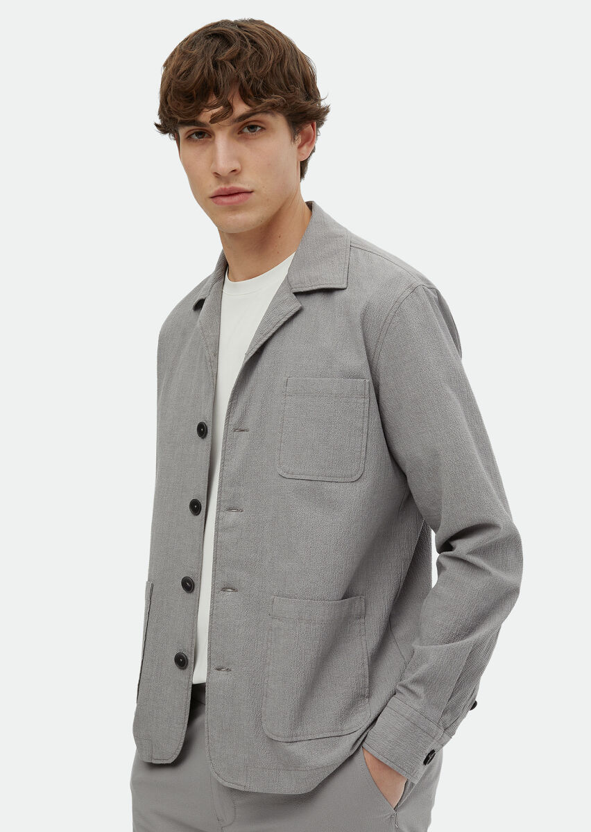 Gri Düz Casual Fit Uzun Dokuma Pamuk Karışımlı Overshırt - 3