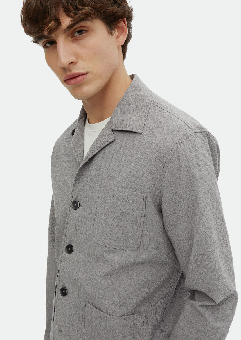 Gri Düz Casual Fit Uzun Dokuma Pamuk Karışımlı Overshırt - 4