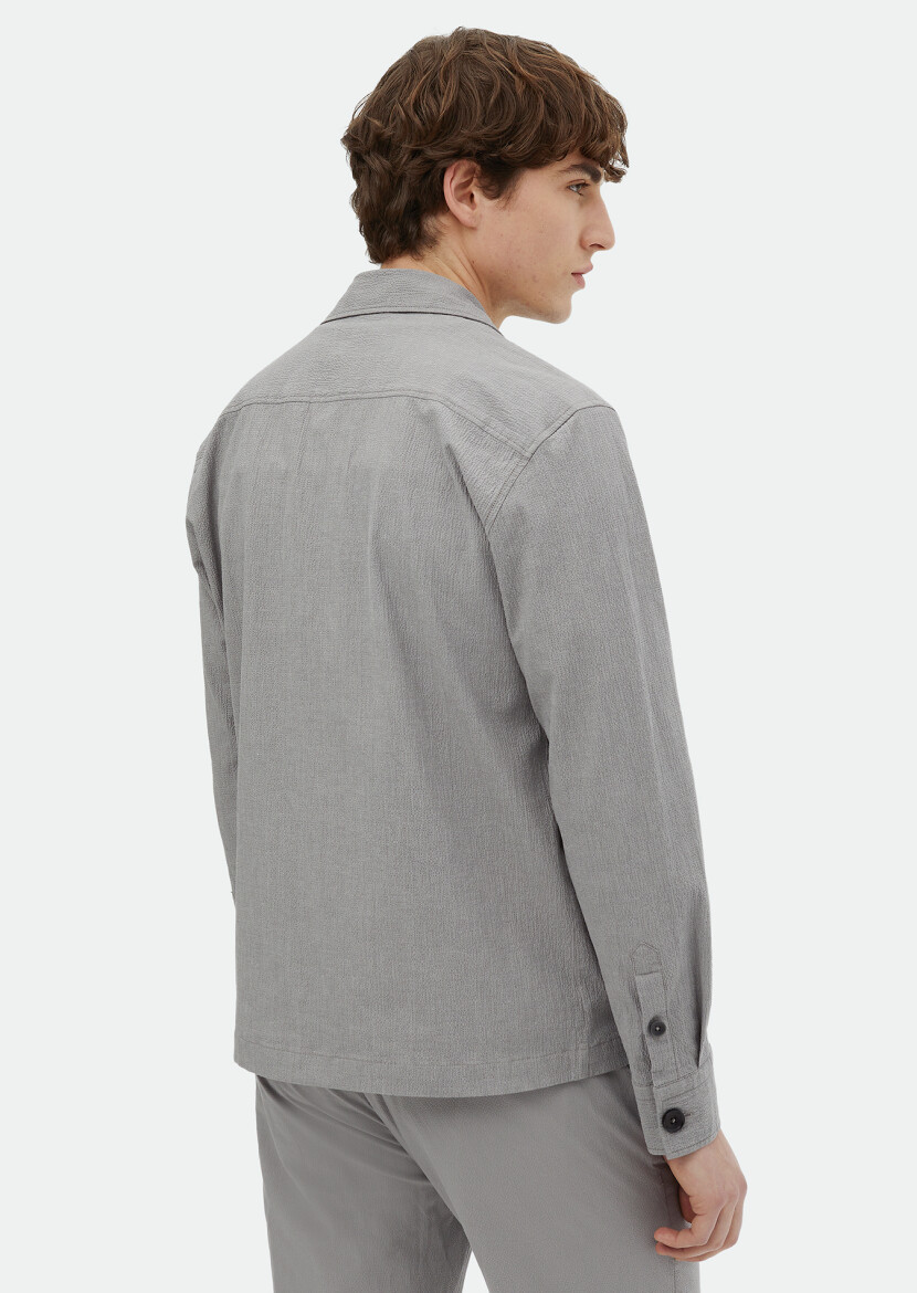 Gri Düz Casual Fit Uzun Dokuma Pamuk Karışımlı Overshırt - 5