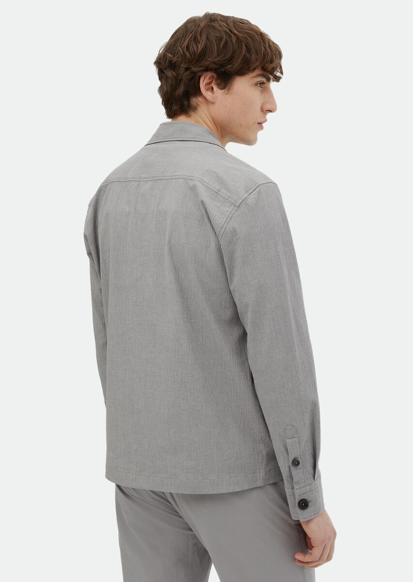 Gri Düz Casual Fit Uzun Dokuma Pamuk Karışımlı Overshırt - 5