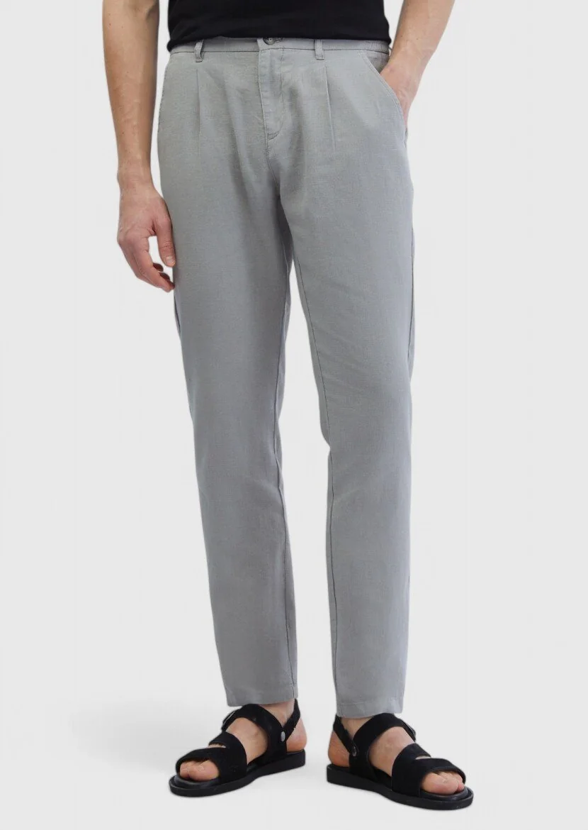 Gri Düz Dokuma Jogging Fit Casual %100 Keten Pantolon 