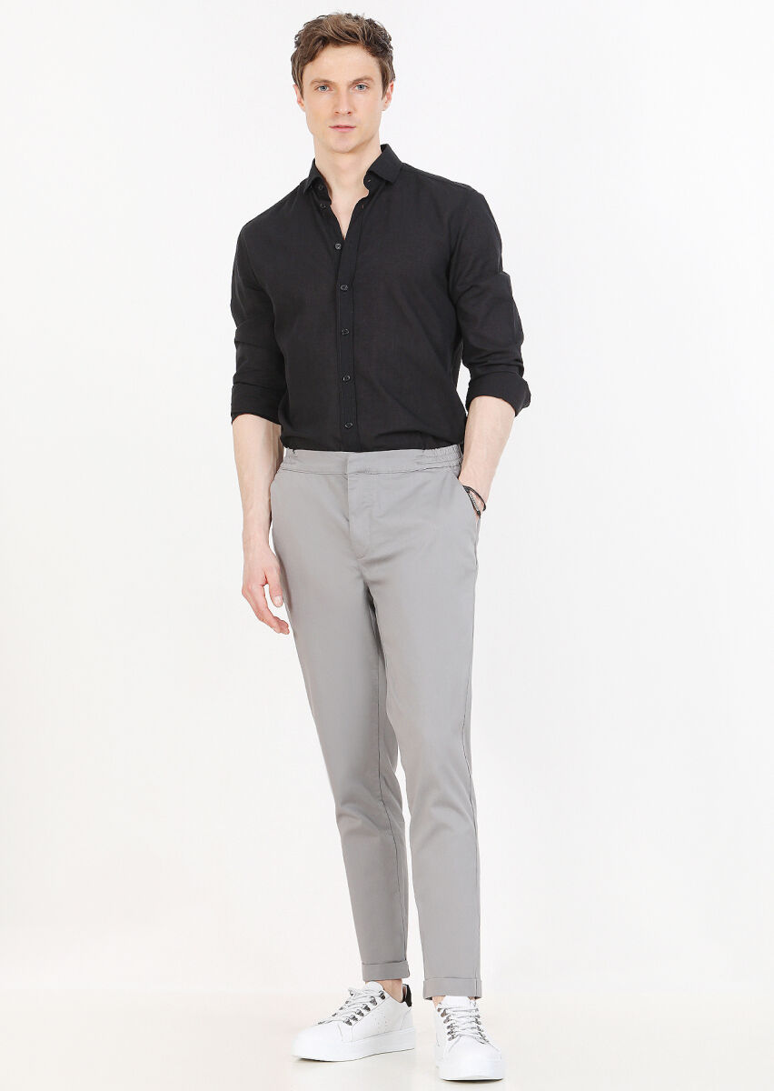 Gri Düz Dokuma Jogging Fit Casual Pamuk Karışımlı Pantolon - 1