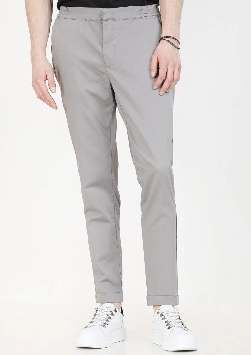 Gri Düz Dokuma Jogging Fit Casual Pamuk Karışımlı Pantolon 