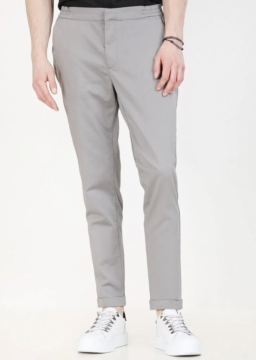 Gri Düz Dokuma Jogging Fit Casual Pamuk Karışımlı Pantolon - 2