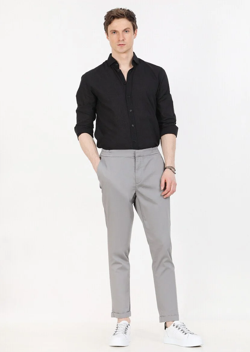 Gri Düz Dokuma Jogging Fit Casual Pamuk Karışımlı Pantolon - 3