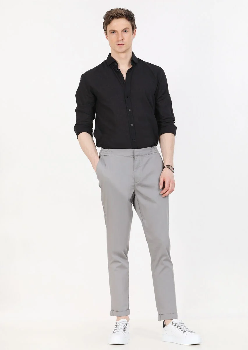 Gri Düz Dokuma Jogging Fit Casual Pamuk Karışımlı Pantolon - 3