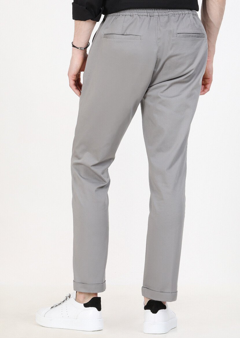 Gri Düz Dokuma Jogging Fit Casual Pamuk Karışımlı Pantolon - 5