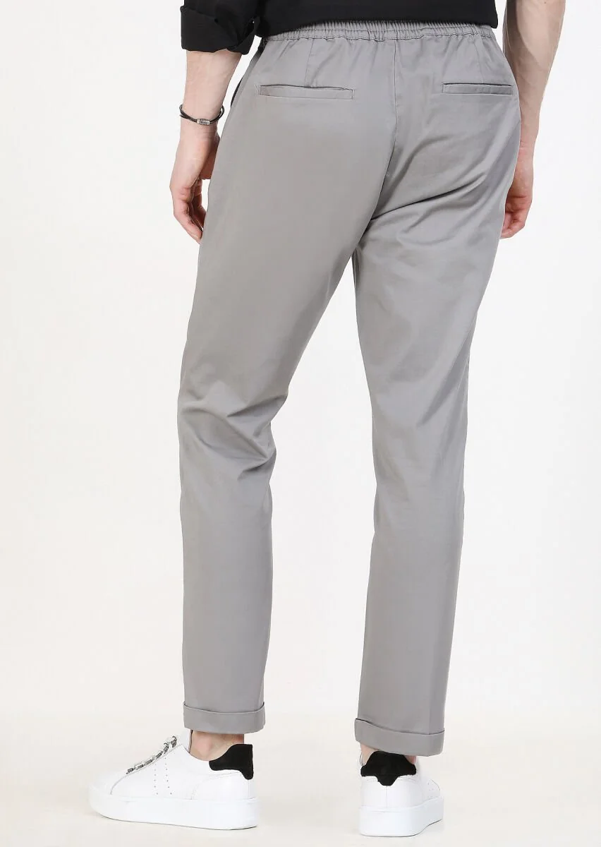 Gri Düz Dokuma Jogging Fit Casual Pamuk Karışımlı Pantolon - 5