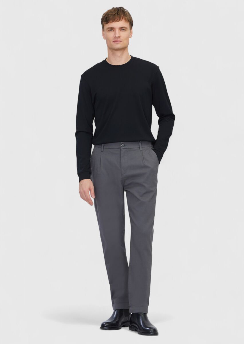 Gri Düz Dokuma Jogging Fit Casual Pamuk Karışımlı Pantolon - 1