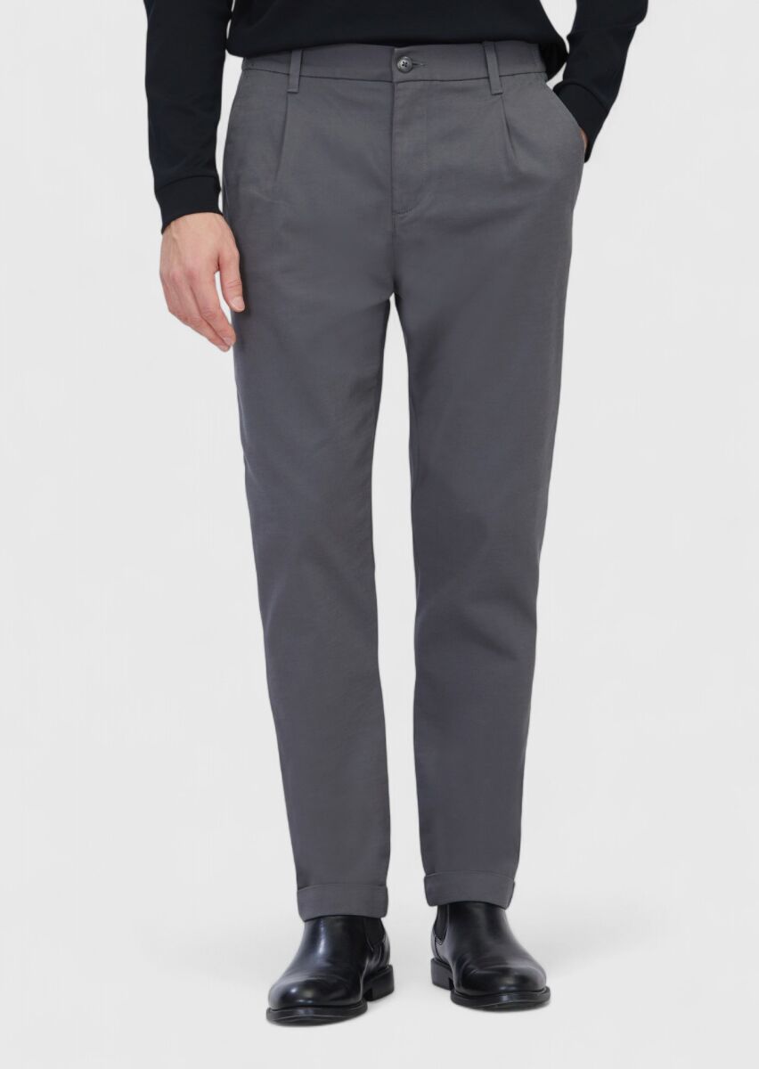 Gri Düz Dokuma Jogging Fit Casual Pamuk Karışımlı Pantolon - 2