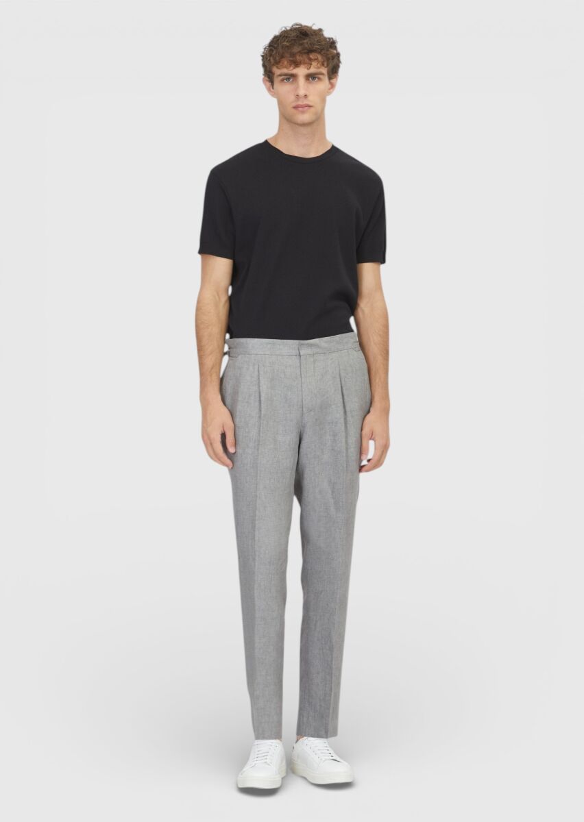 Gri Düz Dokuma Regular Fit Casual %100 Keten Pantolon - 1