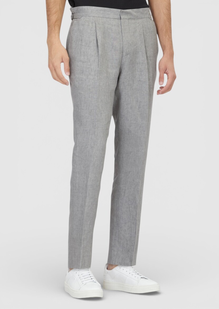 Gri Düz Dokuma Regular Fit Casual %100 Keten Pantolon - 2