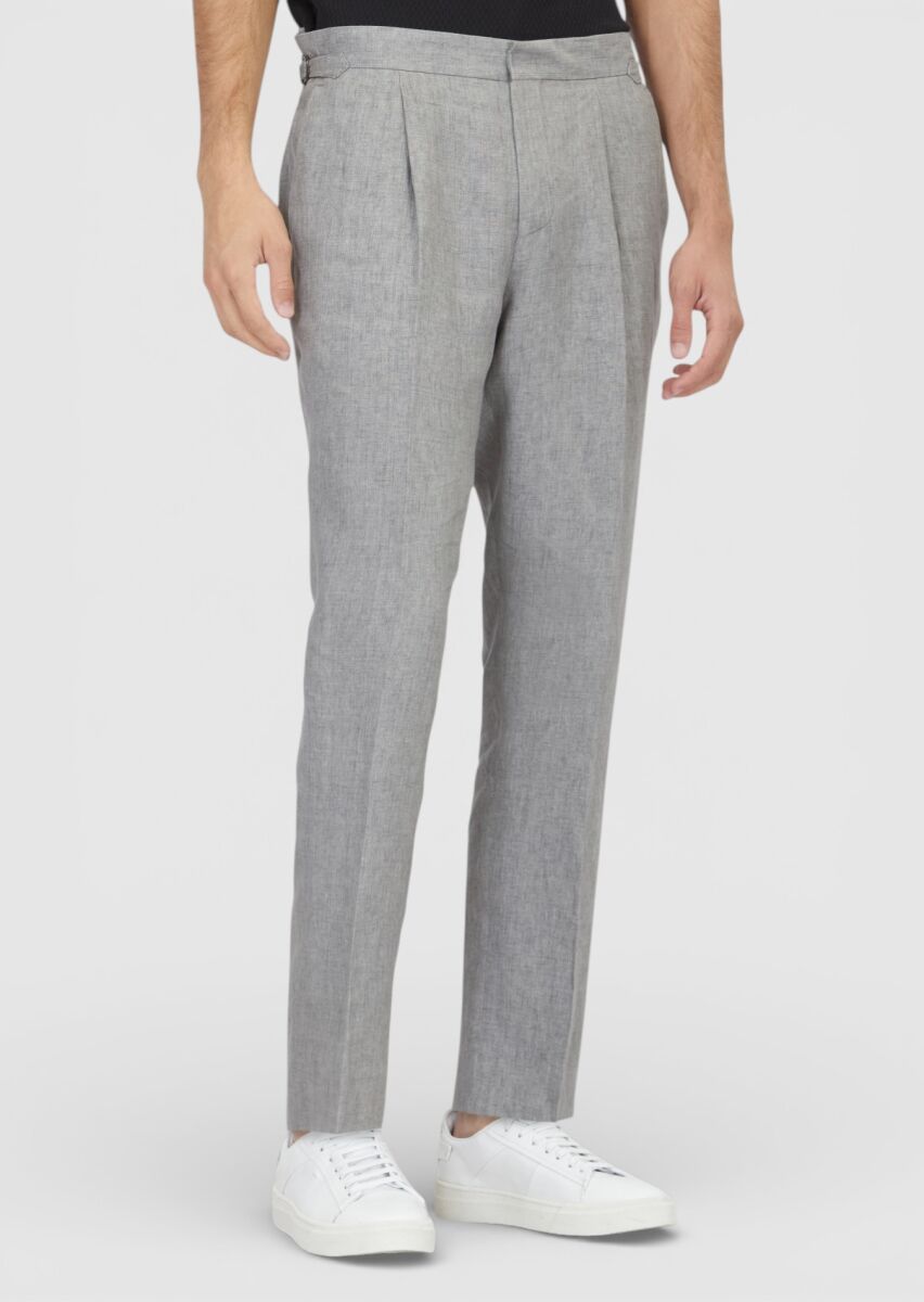 Gri Düz Dokuma Regular Fit Casual %100 Keten Pantolon - 2