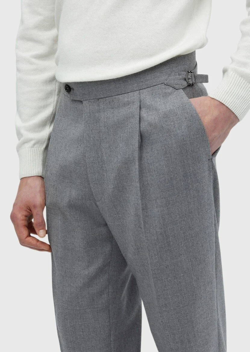 Gri Düz Dokuma Regular Fit Casual %100 Yün Pantolon - 3