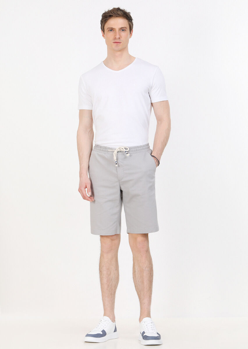 Gri Düz Dokuma Regular Fit Casual Pamuk Karışımlı Bermuda - 1