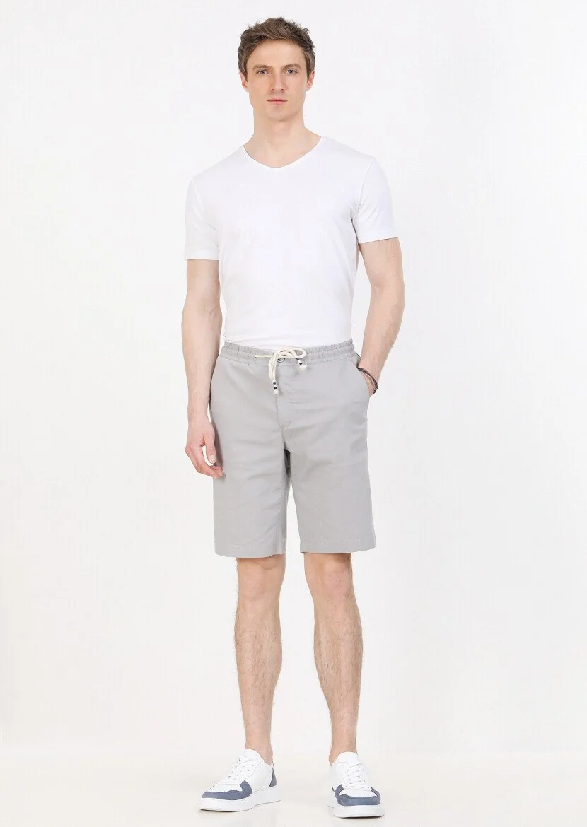 Gri Düz Dokuma Regular Fit Casual Pamuk Karışımlı Bermuda 