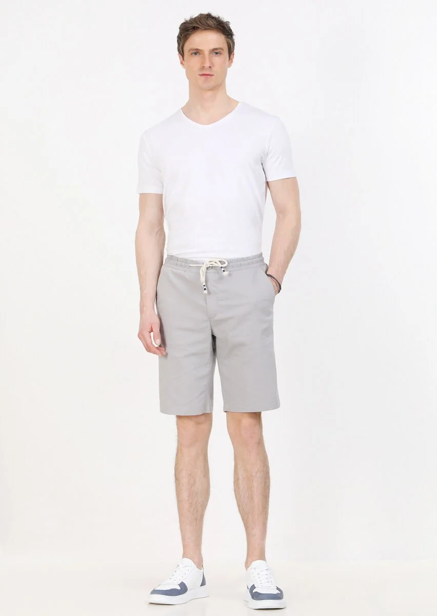 Gri Düz Dokuma Regular Fit Casual Pamuk Karışımlı Bermuda - 1
