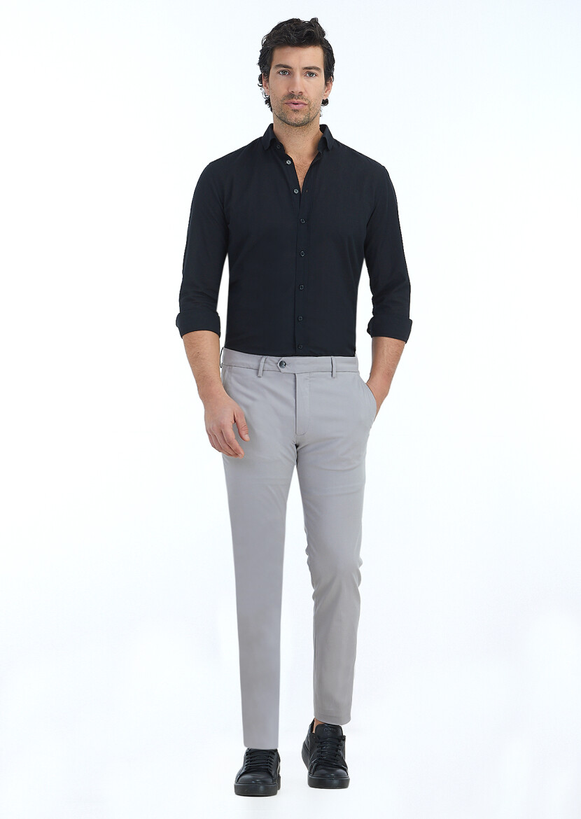 Gri Düz Dokuma Regular Fit Casual Pantolon - 1