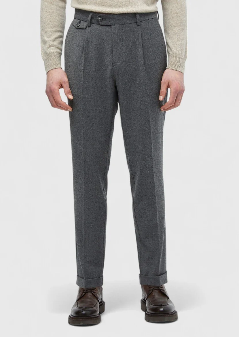 Gri Düz Dokuma Regular Fit Casual Yün Karışımlı Pantolon 