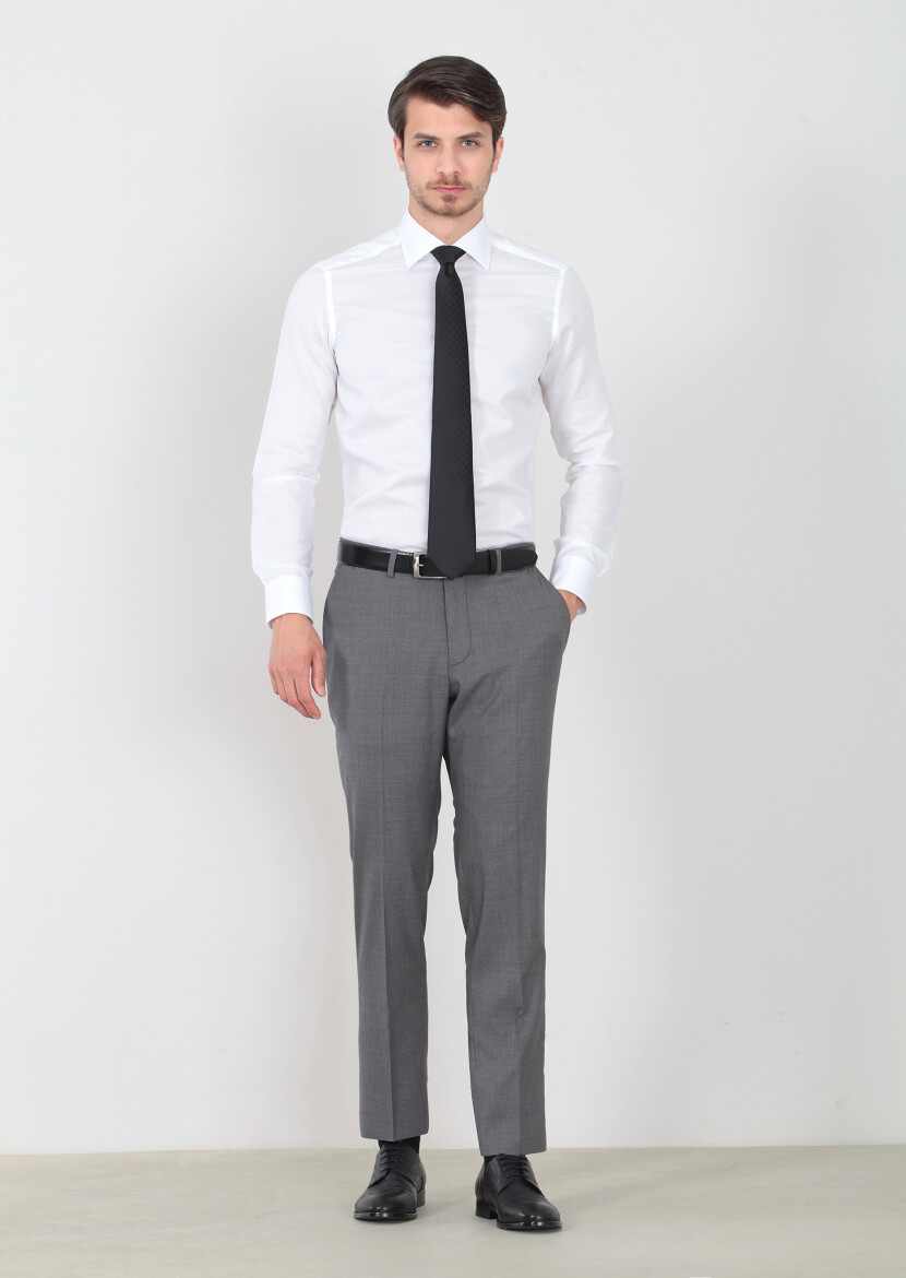 Gri Düz Dokuma Regular Fit Klasik %100 Yün Pantolon - 1