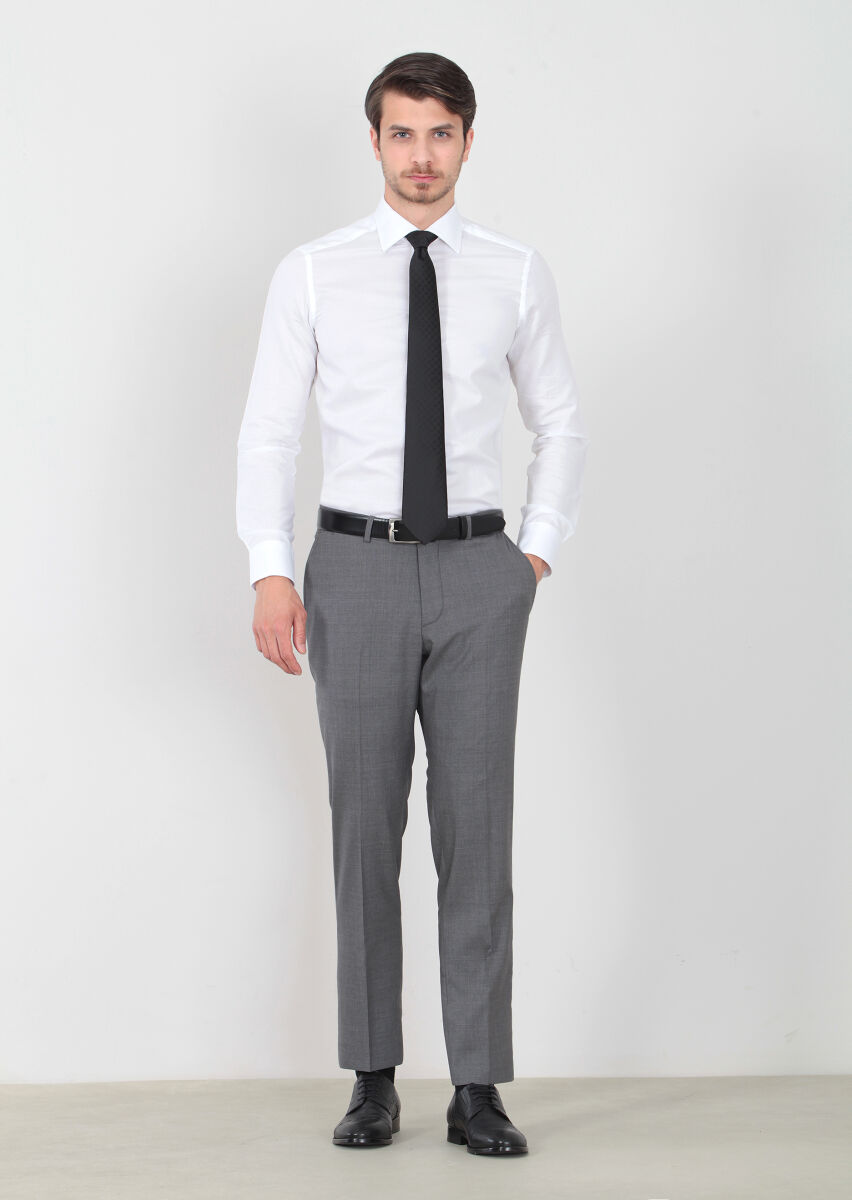 Gri Düz Dokuma Regular Fit Klasik %100 Yün Pantolon - 1