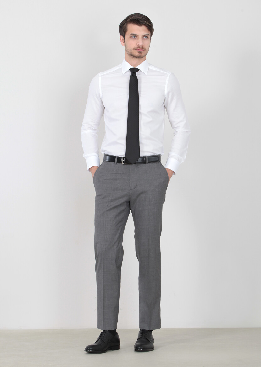Gri Düz Dokuma Regular Fit Klasik %100 Yün Pantolon - 2