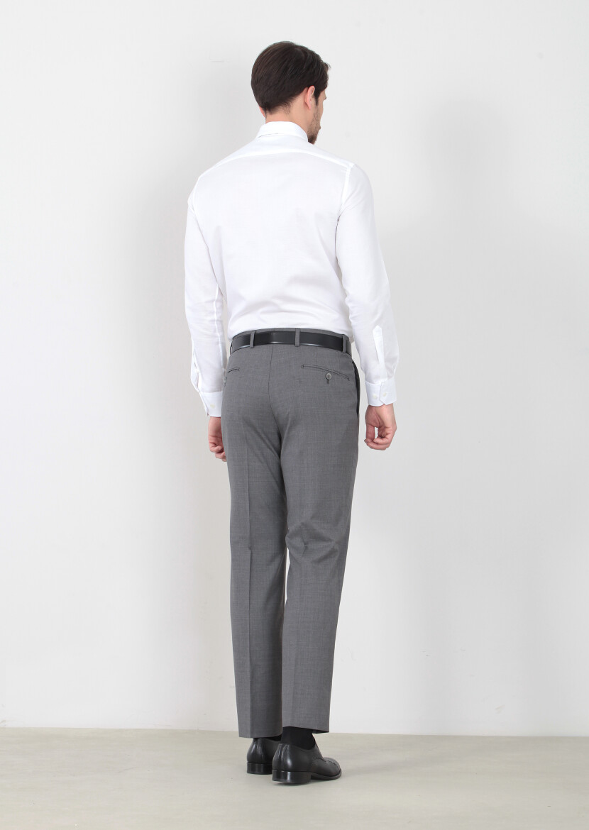 Gri Düz Dokuma Regular Fit Klasik %100 Yün Pantolon - 4