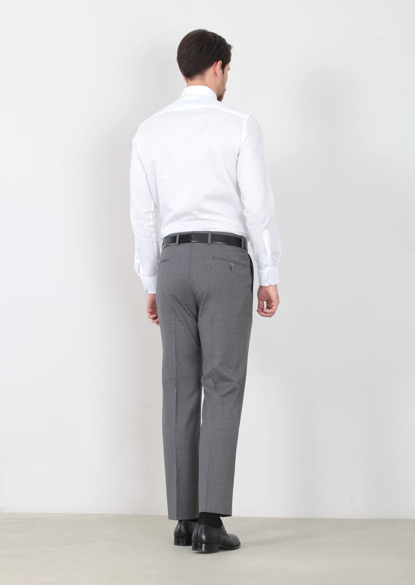 Gri Düz Dokuma Regular Fit Klasik %100 Yün Pantolon - 4