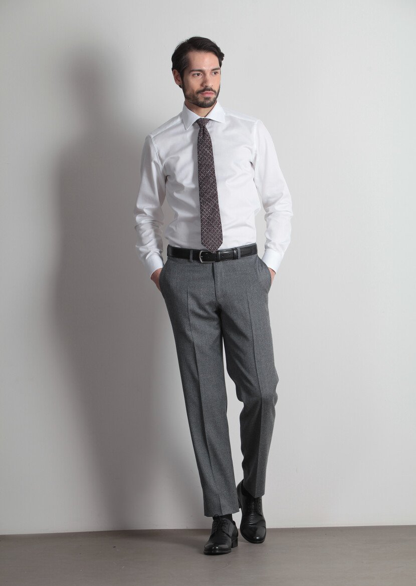 Gri Düz Dokuma Regular Fit Klasik %100 Yün Pantolon - 1