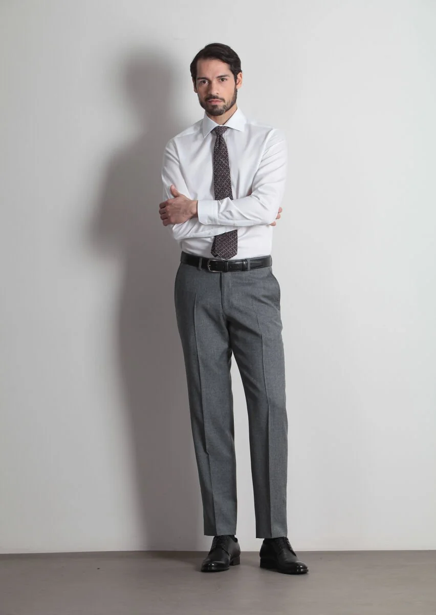 Gri Düz Dokuma Regular Fit Klasik %100 Yün Pantolon - 3