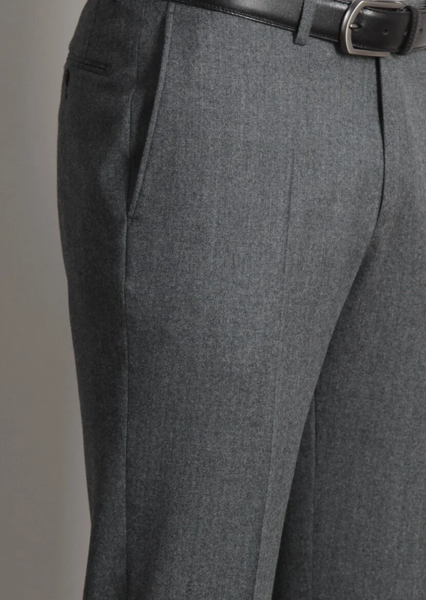 Gri Düz Dokuma Regular Fit Klasik %100 Yün Pantolon - 4