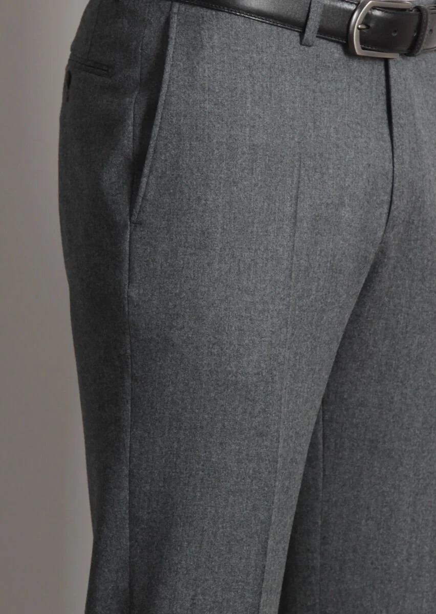 Gri Düz Dokuma Regular Fit Klasik %100 Yün Pantolon - 4