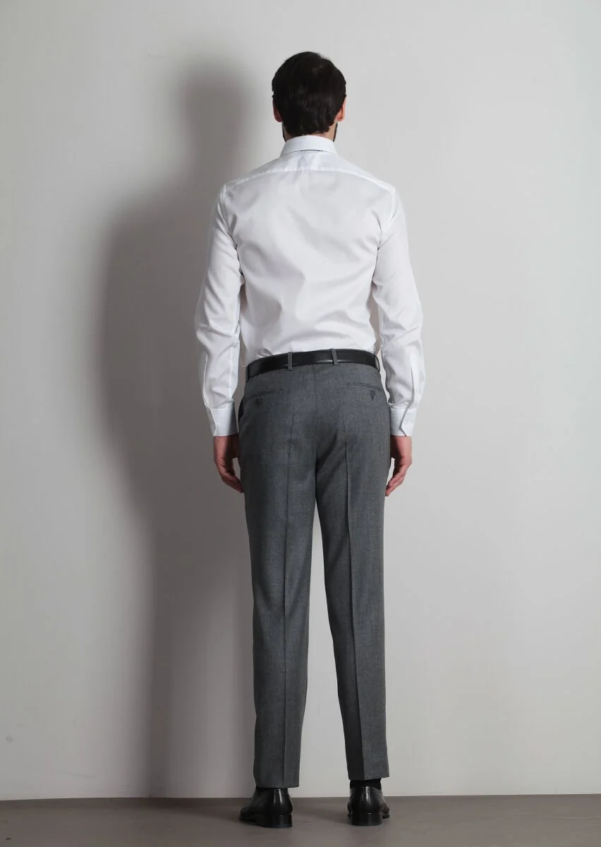 Gri Düz Dokuma Regular Fit Klasik %100 Yün Pantolon - 5