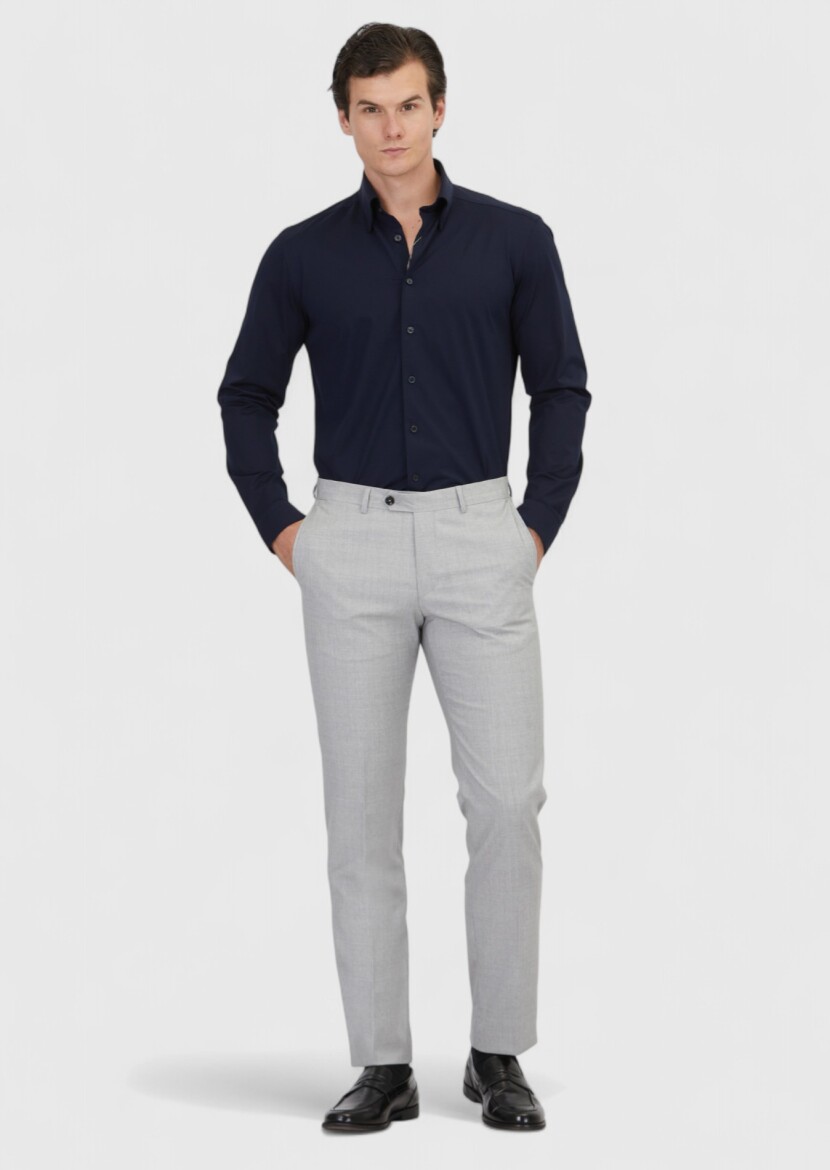 Gri Düz Dokuma Regular Fit Klasik %100 Yün Pantolon - RAMSEY