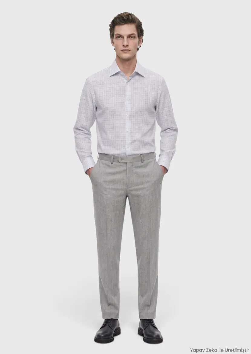 Gri Düz Dokuma Regular Fit Klasik Yün Karışımlı Pantolon 