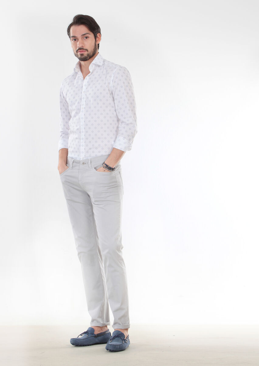 Gri Düz Dokuma Slim Fit Casual Pamuk Karışımlı Pantolon - 1
