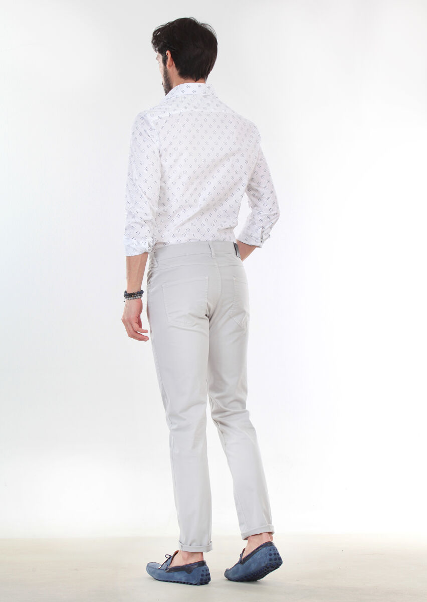 Gri Düz Dokuma Slim Fit Casual Pamuk Karışımlı Pantolon - 2