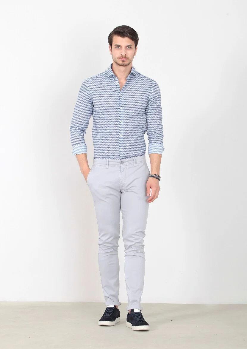 Gri Düz Dokuma Slim Fit Casual Pamuk Karışımlı Pantolon - 1