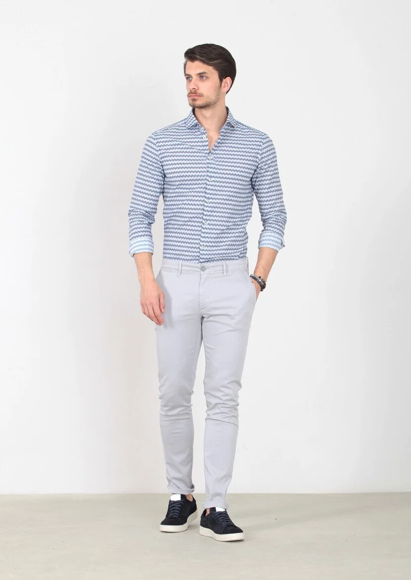 Gri Düz Dokuma Slim Fit Casual Pamuk Karışımlı Pantolon - 2