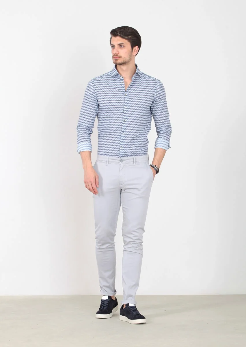 Gri Düz Dokuma Slim Fit Casual Pamuk Karışımlı Pantolon - 2